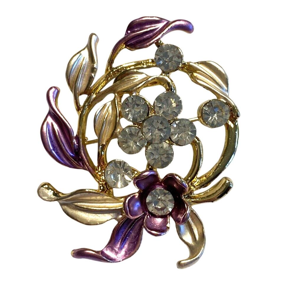 Vintage inspired flower brooch goldtone pink & silver wash white rhinestones